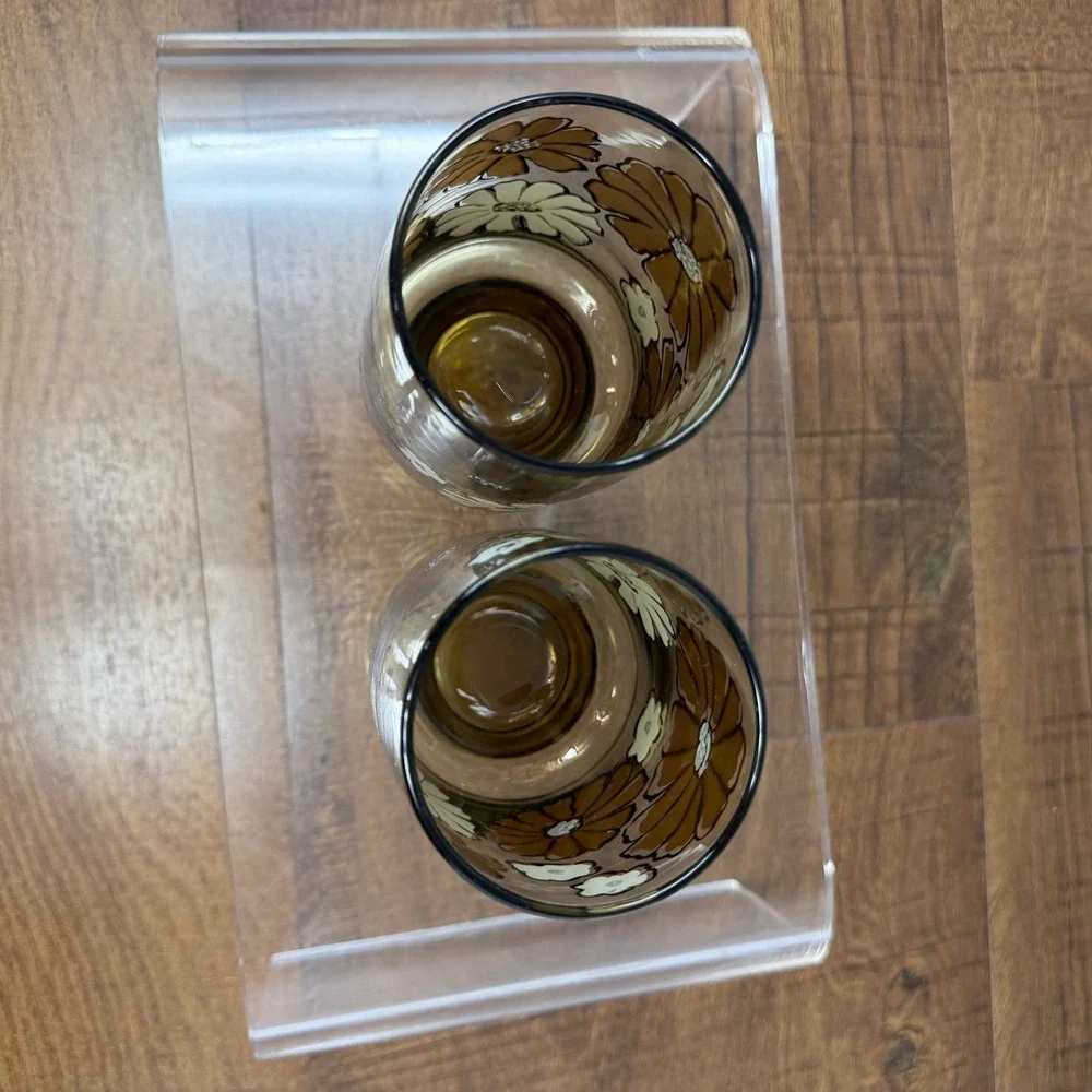Vintage 1970s Libbey Camellia Tawny Glass Floral Tumblers - Set of 2